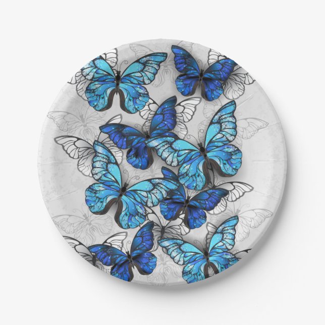 Composition of White and Blue Butterflies Paper Plate (Front)