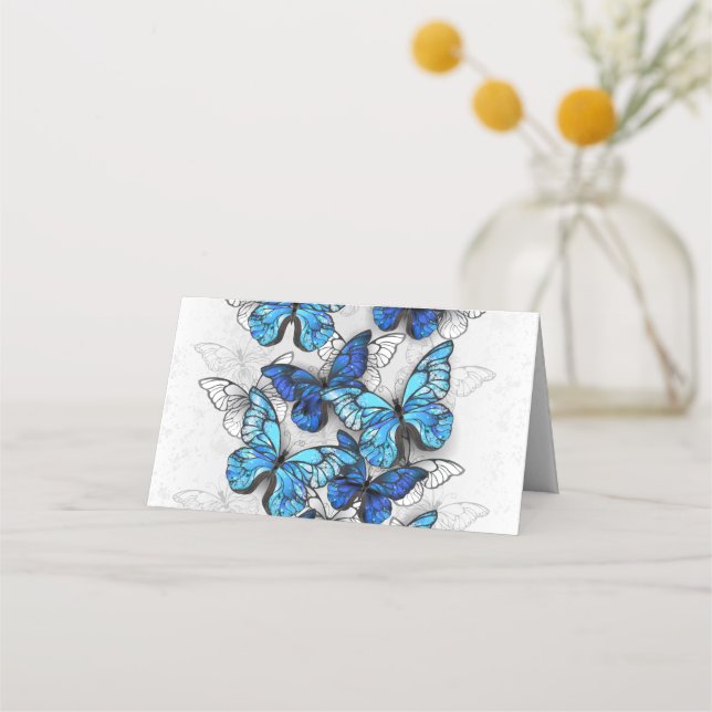 Composition of White and Blue Butterflies Place Card (Front)