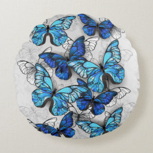 Composition of White and Blue Butterflies Round Cushion