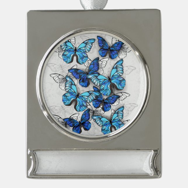 Composition of White and Blue Butterflies Silver Plated Banner Ornament (Front)