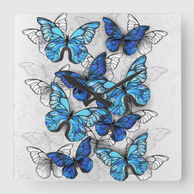 Composition of White and Blue Butterflies Square Wall Clock (Front)