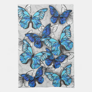 Composition of White and Blue Butterflies Tea Towel