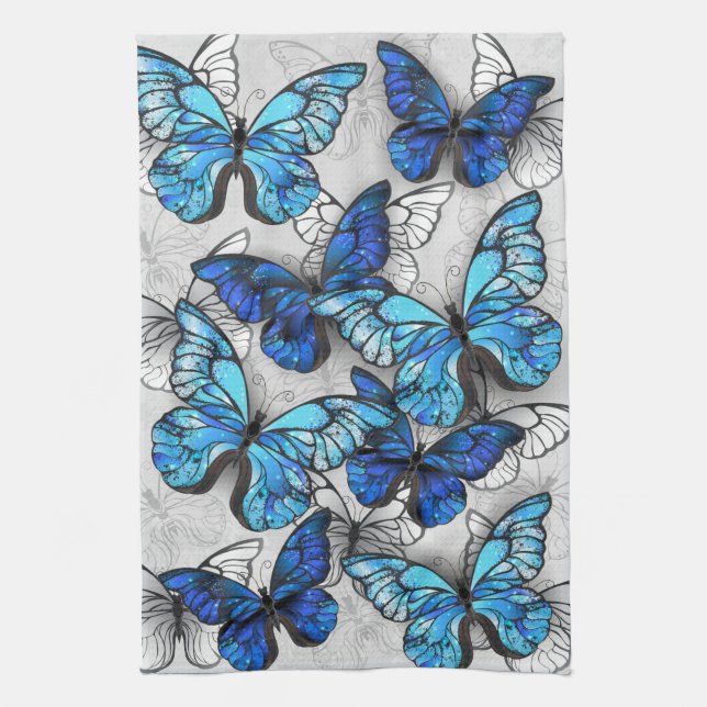 Composition of White and Blue Butterflies Tea Towel (Vertical)