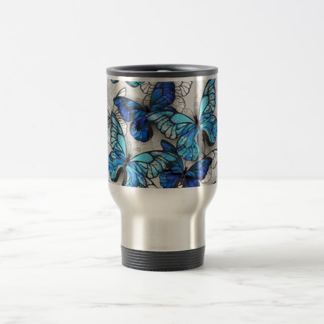 Composition of White and Blue Butterflies Travel Mug (Center)