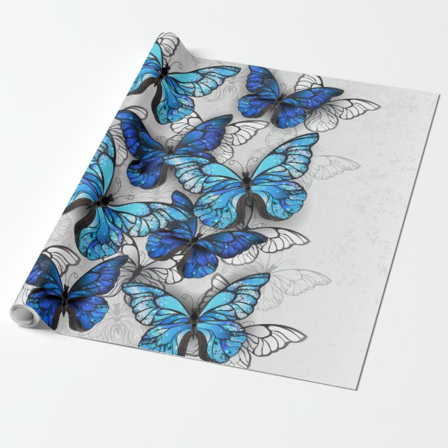 Composition of White and Blue Butterflies Wrapping Paper (Unrolled)