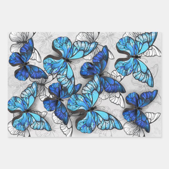 Composition of White and Blue Butterflies Wrapping Paper Sheet (Front)