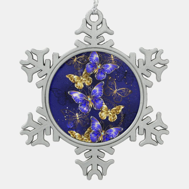 Composition with Sapphire Butterflies Snowflake Pewter Christmas Ornament (Front)