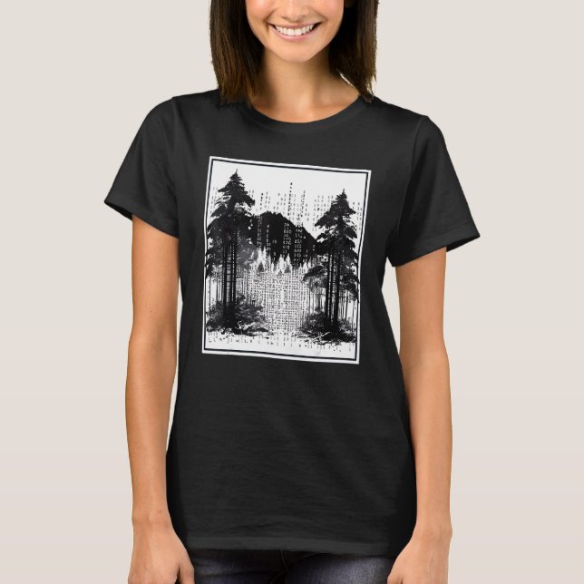 Computer Binary Code Programmer Forest Landscape T-Shirt (Front)