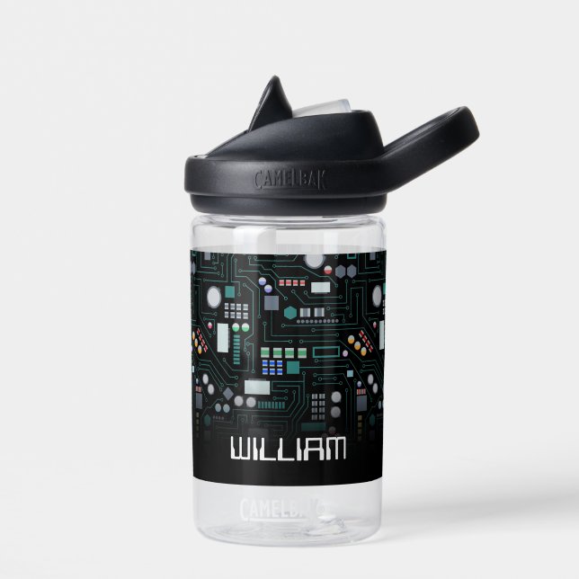 Computer Circuit Board Kids Custom Name School Water Bottle (Left)