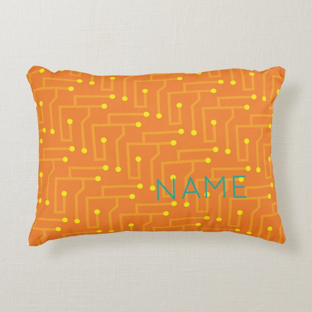 Computer Circuit Board orange yellow Kids Name Decorative Cushion (Front)