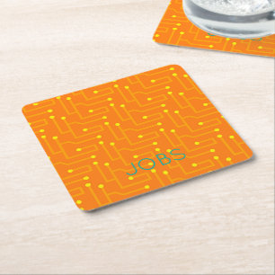 Computer Circuit Board orange yellow NAME Modern Square Paper Coaster