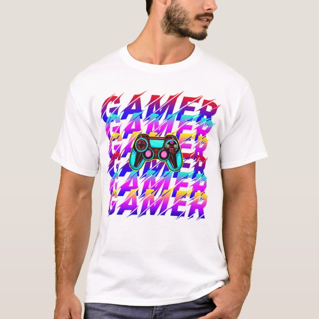 Computer Controller Gamer Typography repeated text T-Shirt (Front)