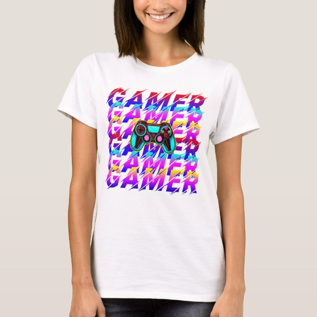Computer Controller Gamer Typography repeated text T-Shirt (Front)