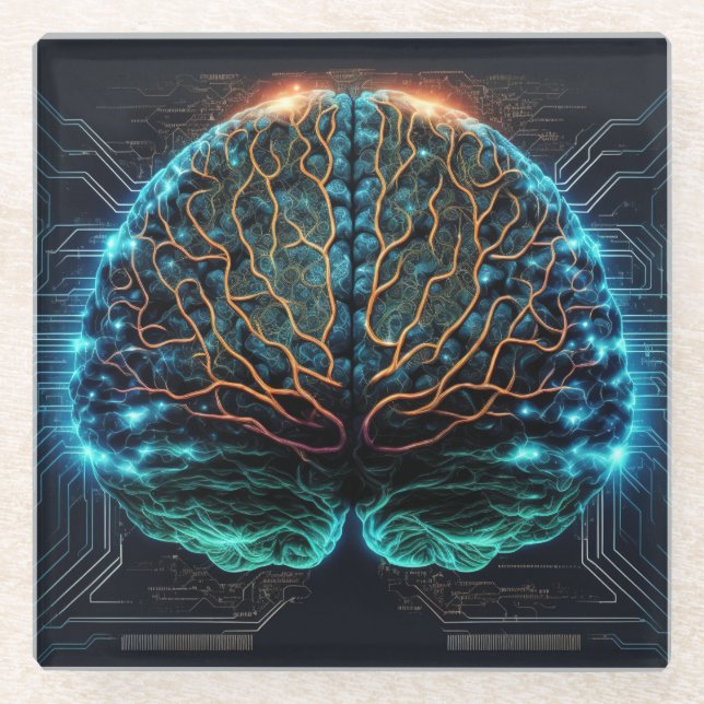 Computer Cyber Brain Glass Coaster (Front)
