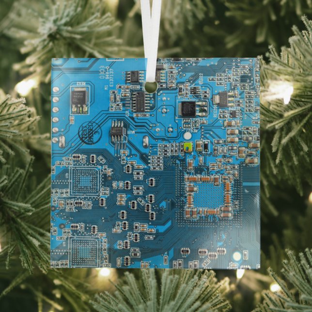 Computer Geek Circuit Board Blue Glass Tree Decoration (Insitu)