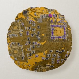 Computer Geek Circuit Board Light Orange Round Cushion