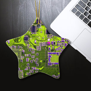 Computer Geek Circuit Board - neon yellow Ceramic Tree Decoration