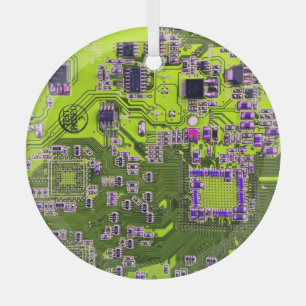 Computer Geek Circuit Board Neon Yellow Glass Tree Decoration