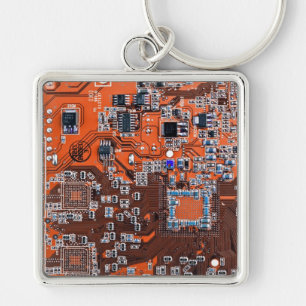 Computer Geek Circuit Board - orange Key Ring