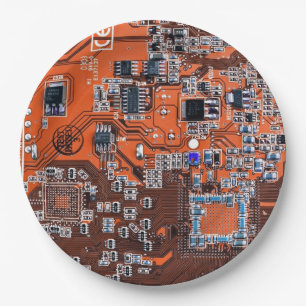 Computer Geek Circuit Board Orange Paper Plate