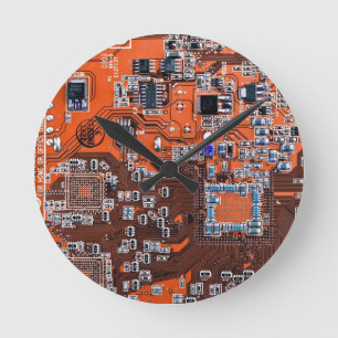 Computer Geek Circuit Board Orange Round Clock