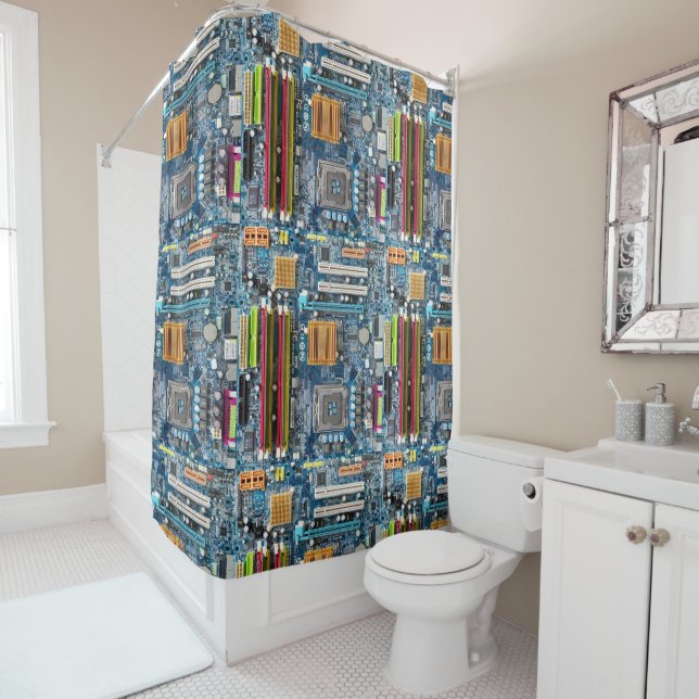 Computer mother board background shower curtain (In Situ)
