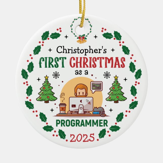 Computer Programmer First Christmas Personalised Ceramic Tree Decoration (Front)