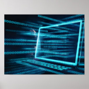 Computer Screen with Blue Digital Binary Data Poster