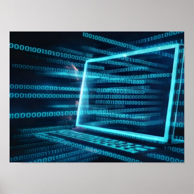 Computer Screen with Blue Digital Binary Data Poster (Front)