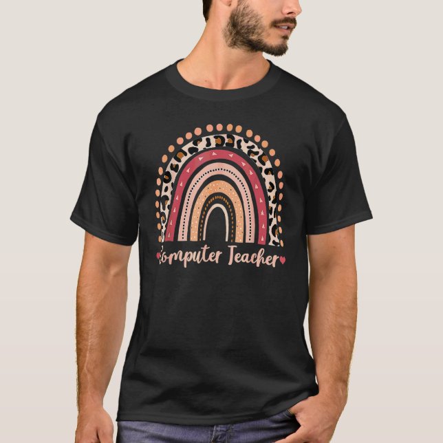 Computer Teacher Leopard Rainbow Boho T-Shirt (Front)