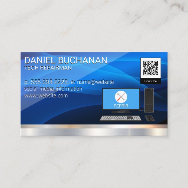 Computer Tech Repairman | QR Barcode Business Card (Front)