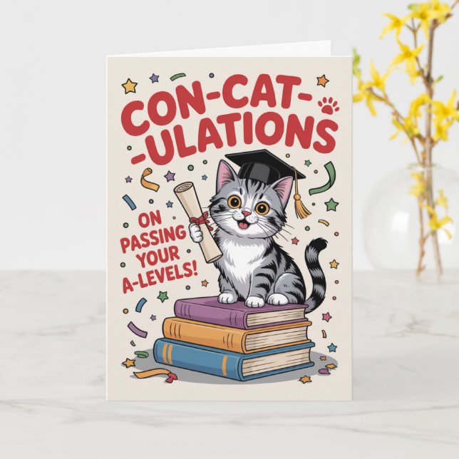  “Con-cat-ulations” A-Level success  Card (Yellow Flower)