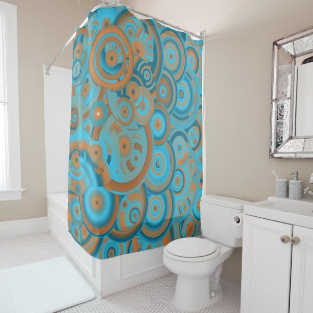 Concentric Circle Gradient Orange Rust Turquoise Shower Curtain (In Situ)