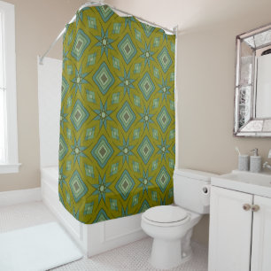 Concentric, diamonds and star shapes, Olive Shower Curtain