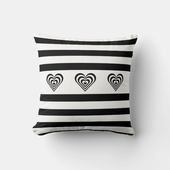Concentric hearts on black & white striped cushion (Front)