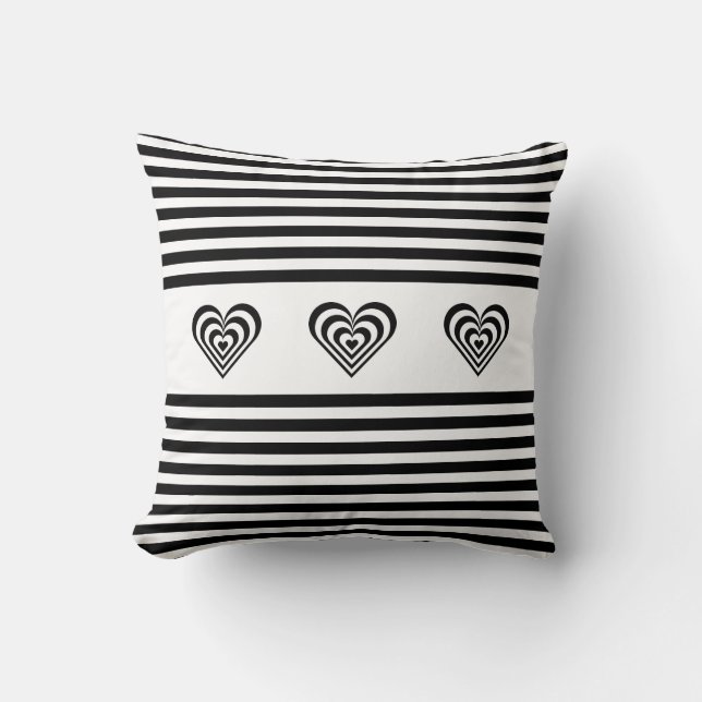 Concentric hearts on black & white striped cushion (Front)