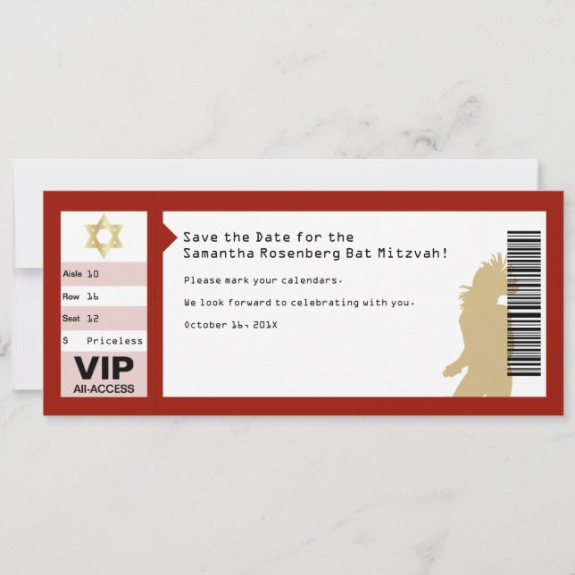 Concert Ticket Bat Mitzvah Crimson Red Save The Date (Front)