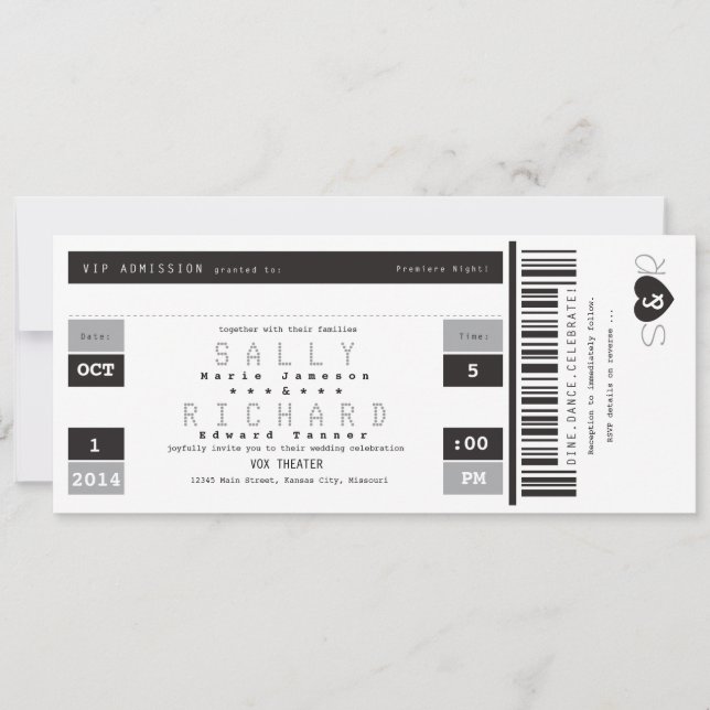 Concert Ticket Invitation Black White and Grey (Front)
