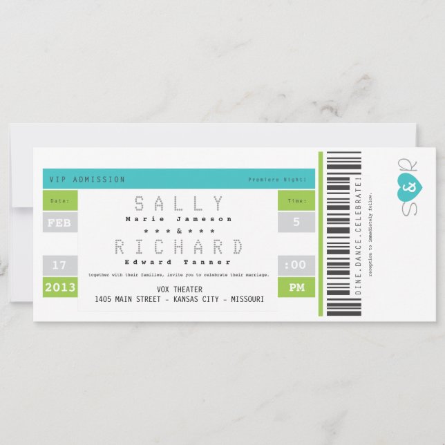 Concert Ticket Invitation in Aqua and Lime (Front)