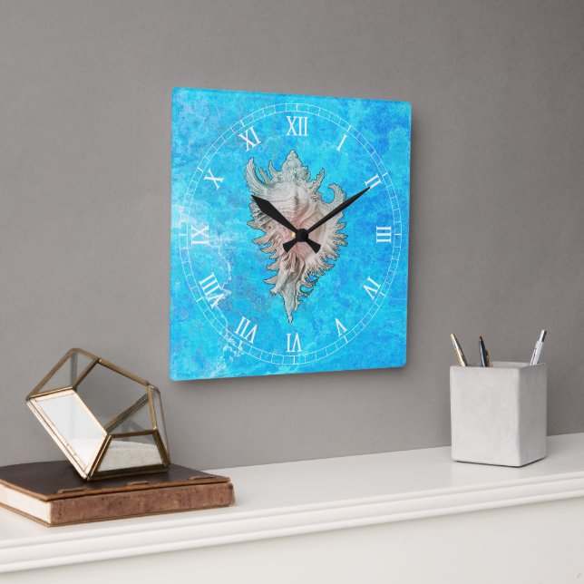 Conch Shell "Beach Life"  Square Wall Clock (Office)