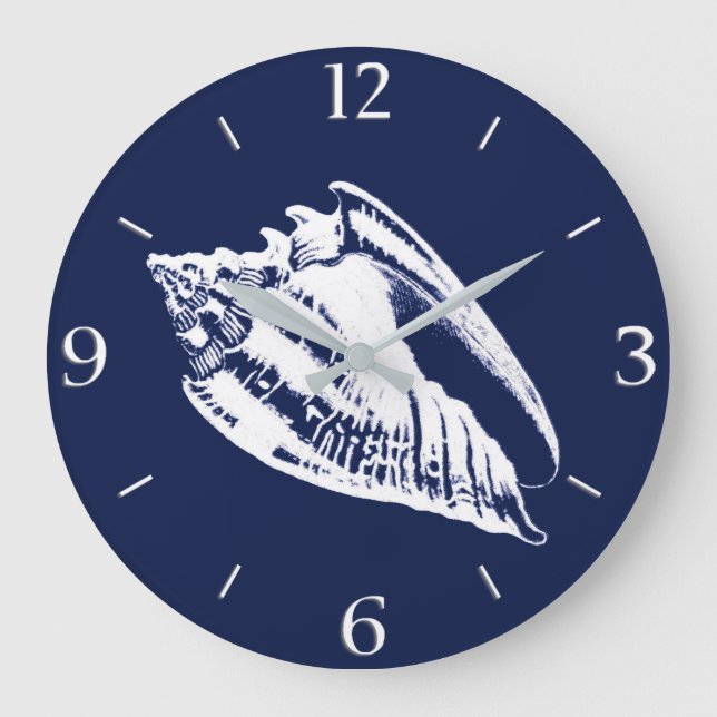 Conch Shell - navy blue and white Large Clock (Front)