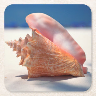 Conch Shell On Beach 2 Square Paper Coaster