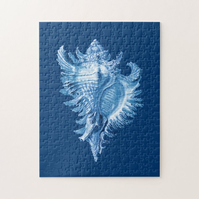 Conch Shell Sea Life Print, Indigo Blue and White Jigsaw Puzzle (Vertical)