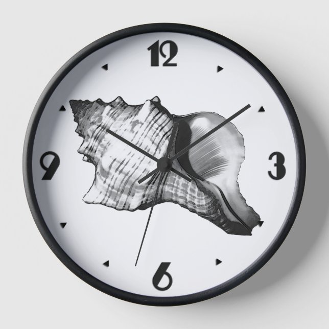 Conch shell sketch - shades of grey and white clock (Front)