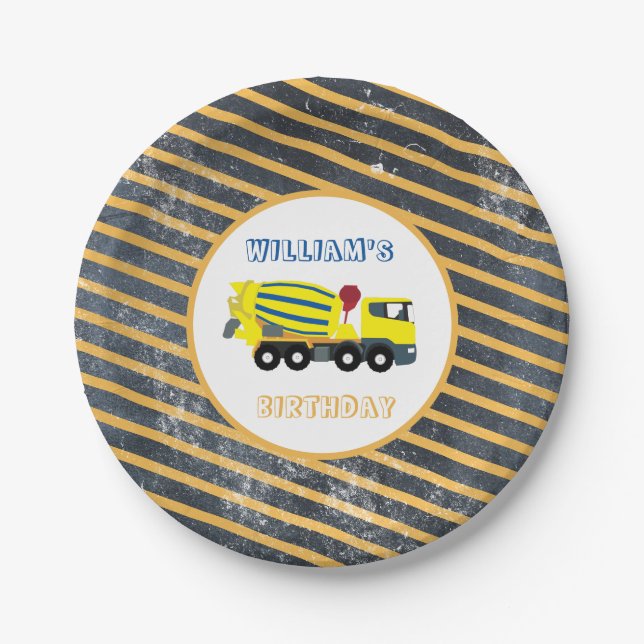 Concrete Cement Truck Construction Trucks Birthday Paper Plate (Front)