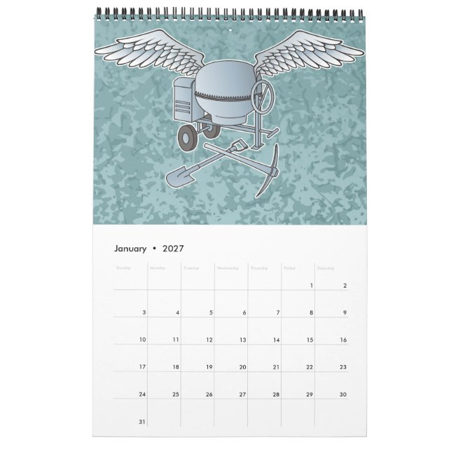 Concrete mixer blue-grey calendar (Jan 2027)