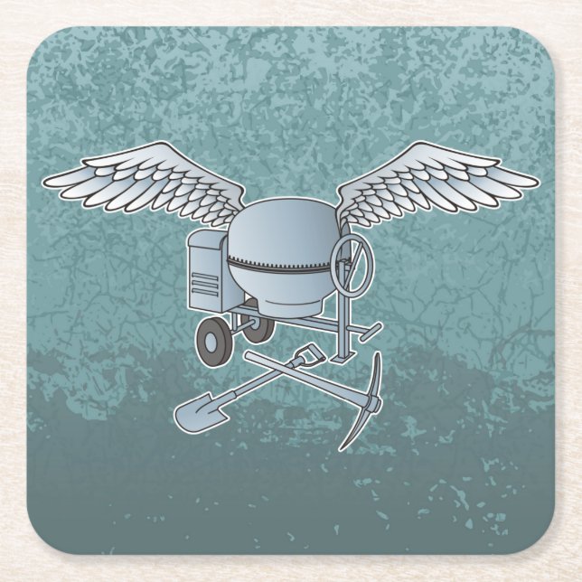 Concrete mixer blue-grey square paper coaster (Front)