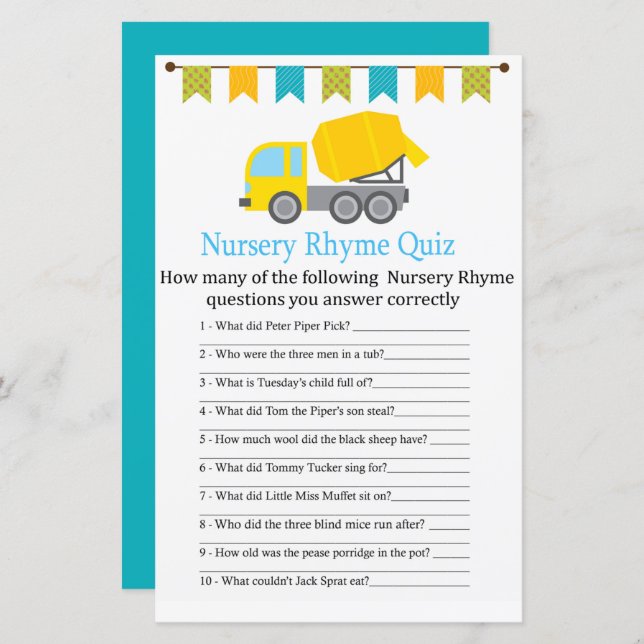 Concrete mixer Nursery Rhyme Quiz baby shower game (Front/Back)