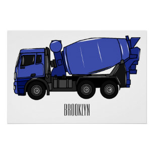 Concrete mixing transport truck cartoon poster