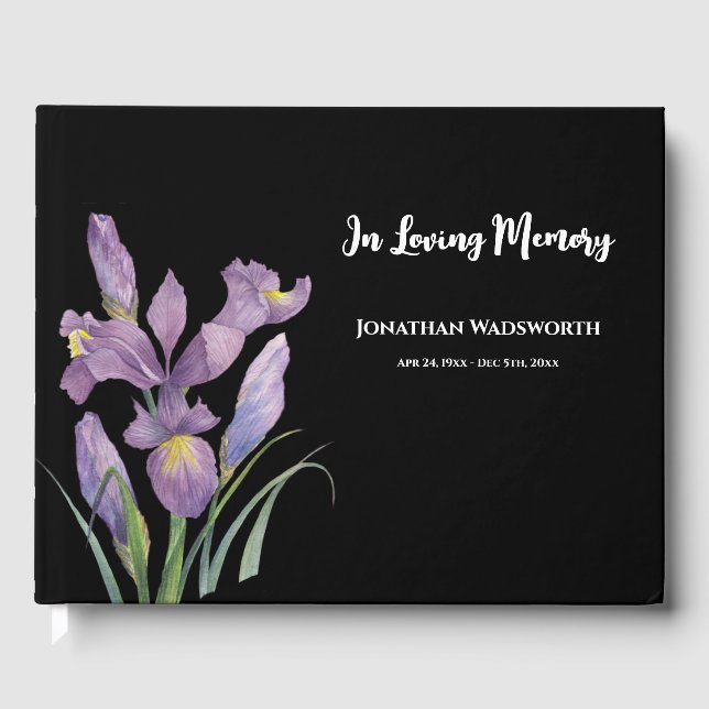 Condolence Watercolor Purple Irises Botanical Art Guest Book (Front)